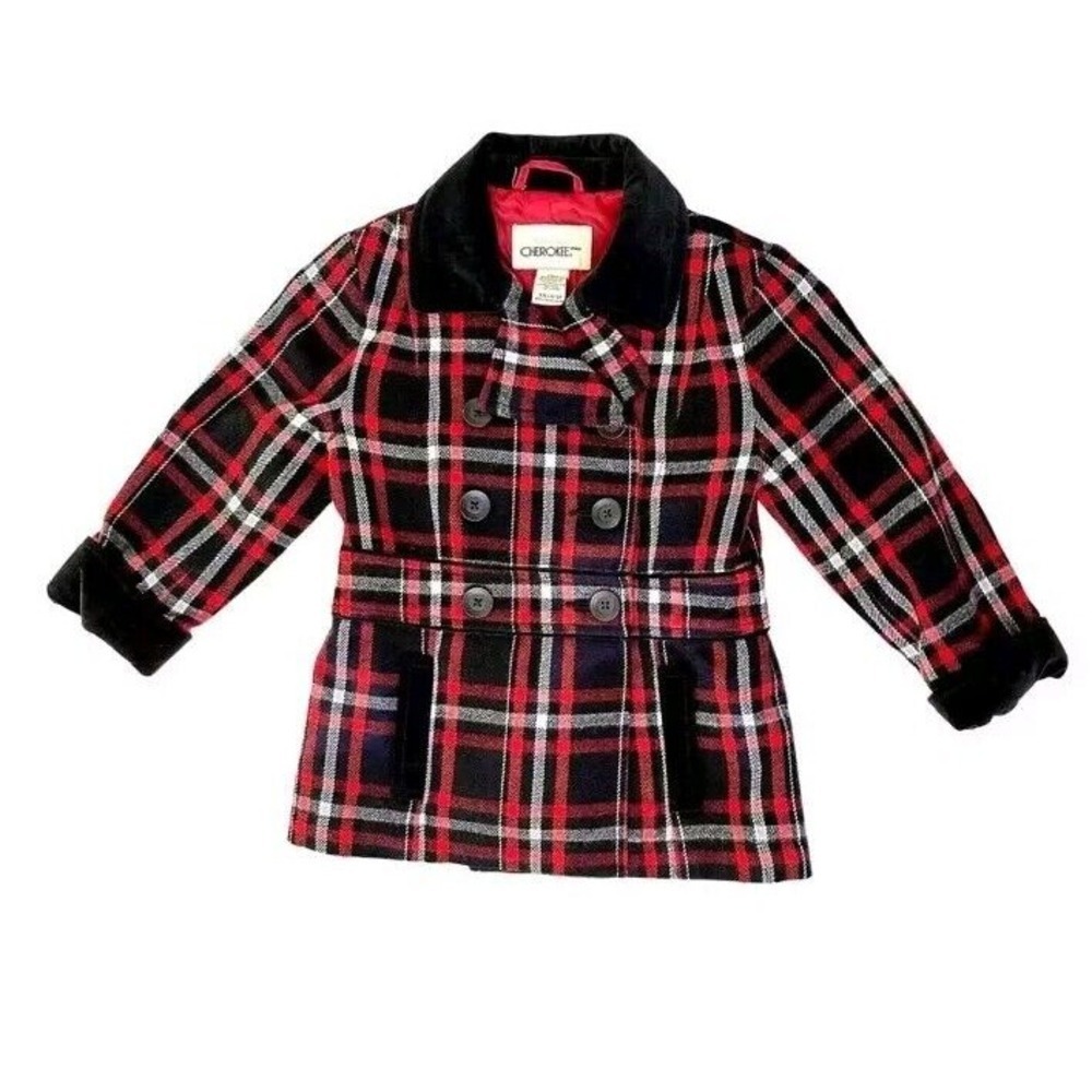 Cherokee Girls Large 12 Coat (Pea) Red Black Plaid‎ Velvet Collar trim Holiday